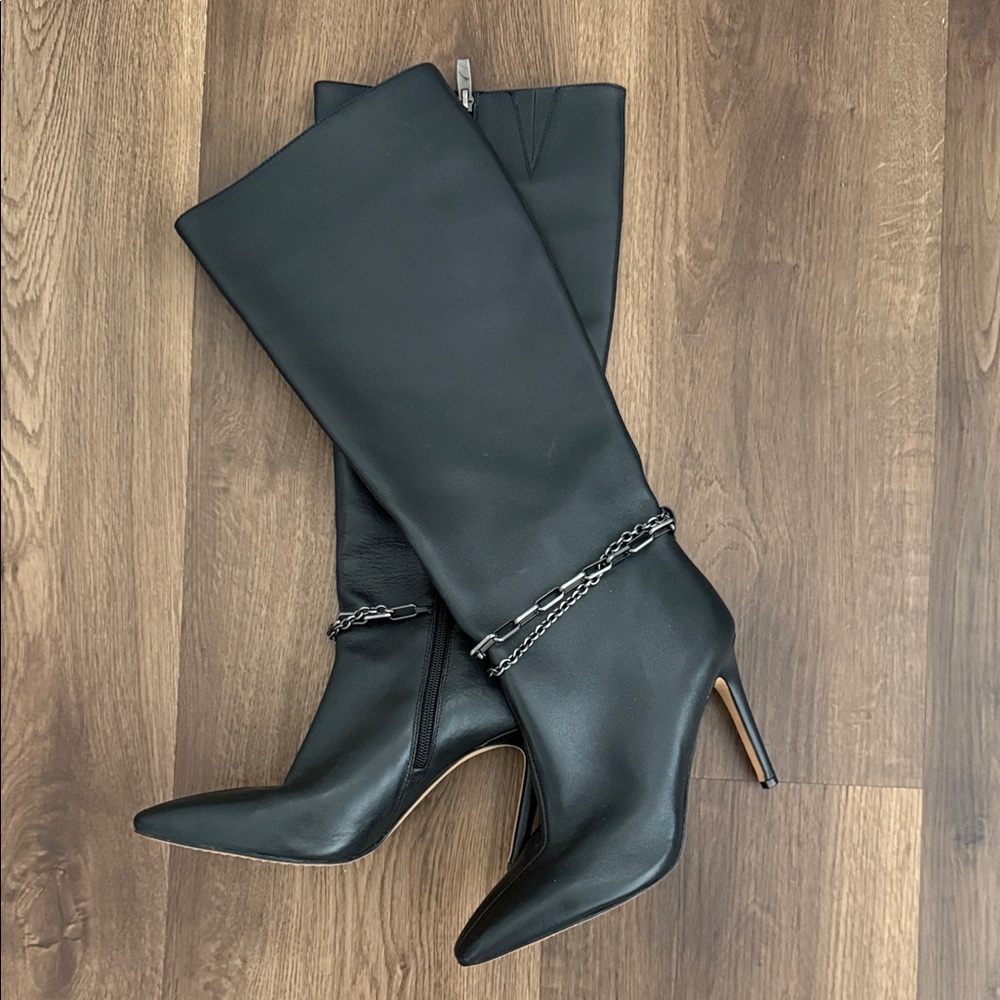Vince Camuto Black Leather Heeled Boots with Chain Accent